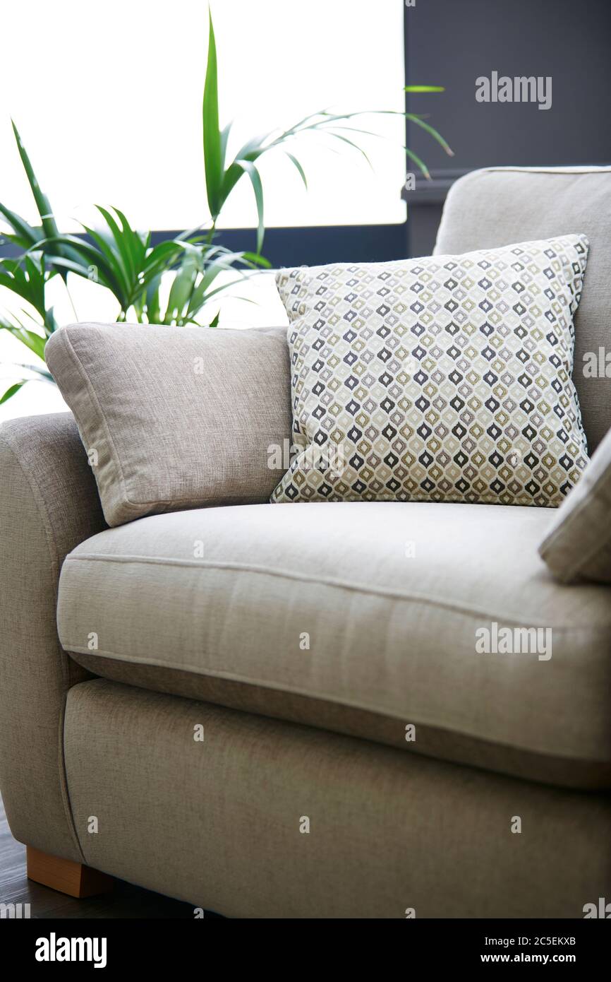 Un divano nel soggiorno con cuscini Foto Stock