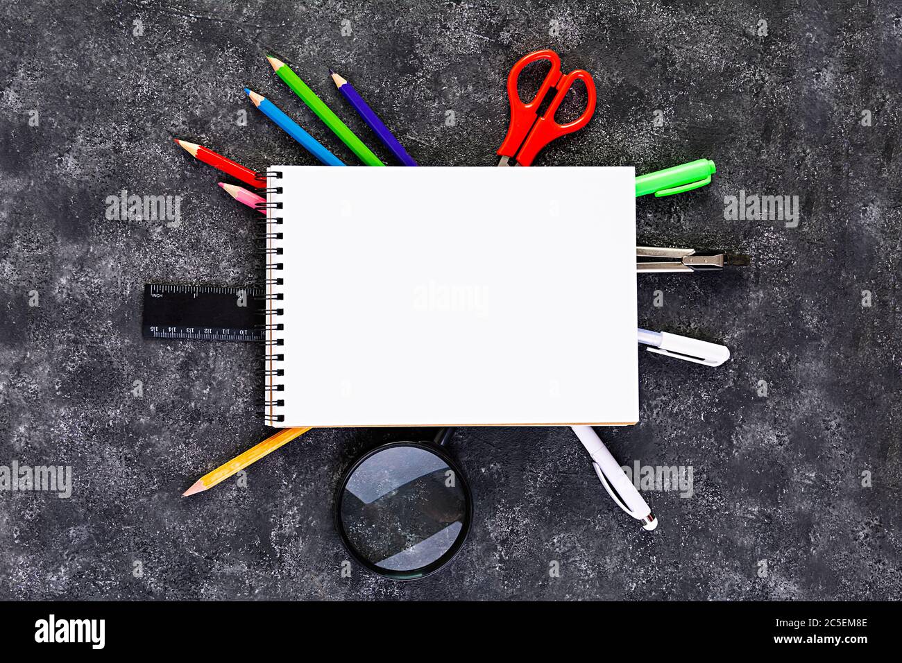 Concetto di ritorno a scuola. Materiali di consumo diversi per lo schizzo. Accessori scolastici. Foto Stock