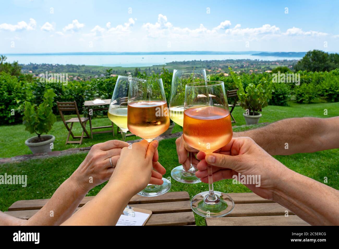 Brindisi con il vino in un bar vigneto con una bella vista del lago Balaton in una bella giornata estiva con gli amici della famiglia. Foto Stock