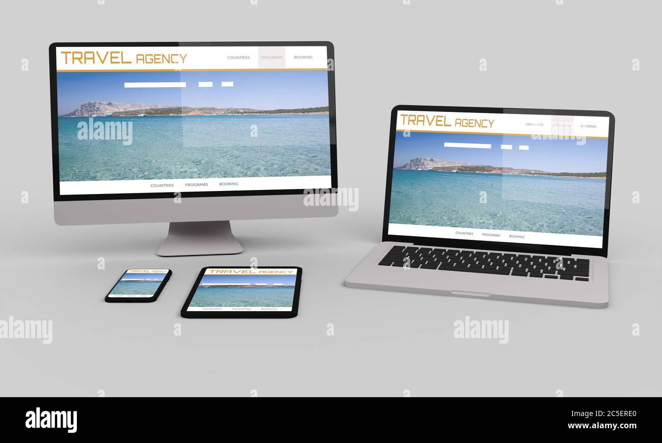 Rendering 3d di computer desktop, dispositivi mobili e tablet che mostra un design Web reattivo per i senior in viaggio. Illustrazione 3d Foto Stock