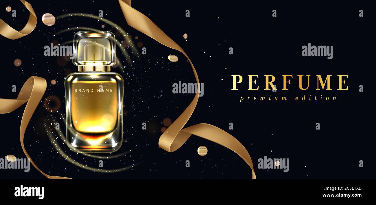 Bottiglia di profumo con nastri d'oro su fondo nero con confetti e scintillanti. Design del contenitore con tubo in vetro profumato. Donna fragranza prodotto cosmetico, poster promozionale. Banner pubblicitario vettoriale 3d realistico Illustrazione Vettoriale