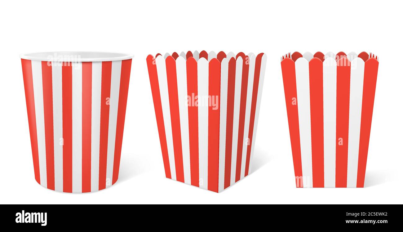 Scatola di carta a righe per pop corn isolato su sfondo bianco. Modello vettoriale realistico di secchio bianco e rosso vuoto per pop corn, quadrato vuoto e confezione rotonda per pollo, patate e snack al cinema Illustrazione Vettoriale