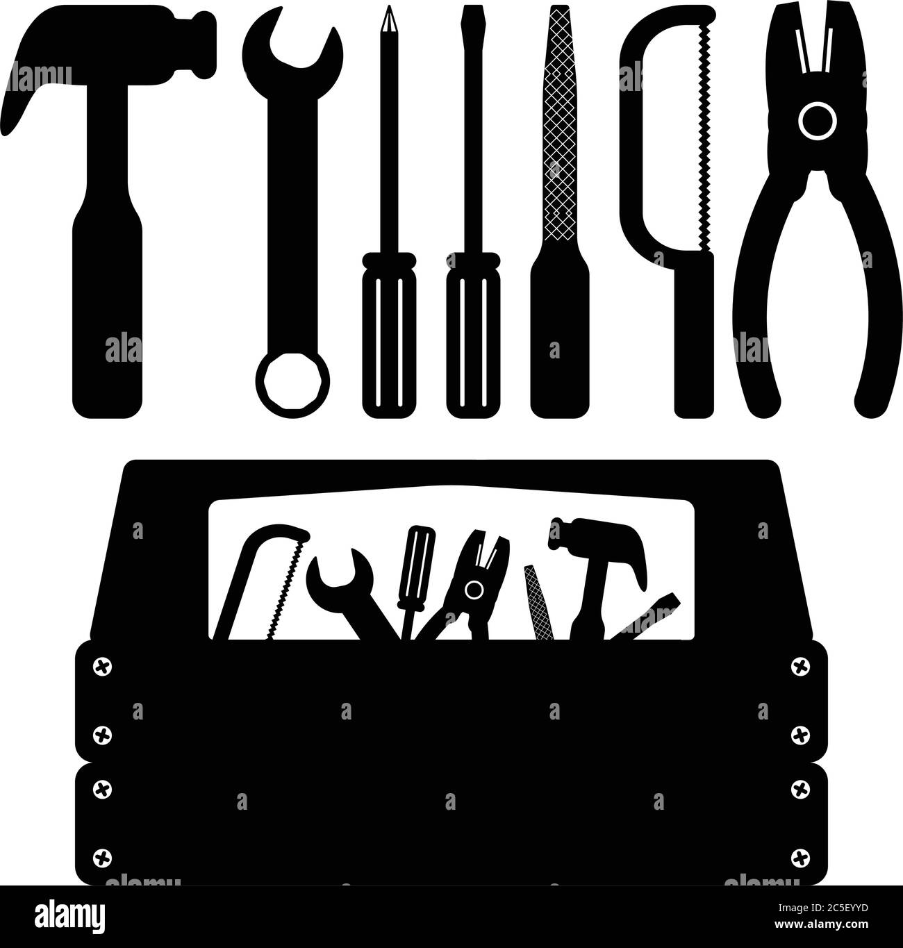 Attrezzature sega nera martello cacciavite set icone Handycam servizi Toolbox Illustrazione vettoriale Illustrazione Vettoriale