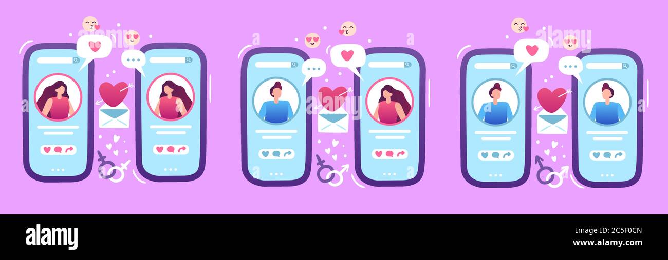 Internet amore dating applicazione. Telefono cellulare con profili uomo e donna alla ricerca di partner romantico Illustrazione Vettoriale