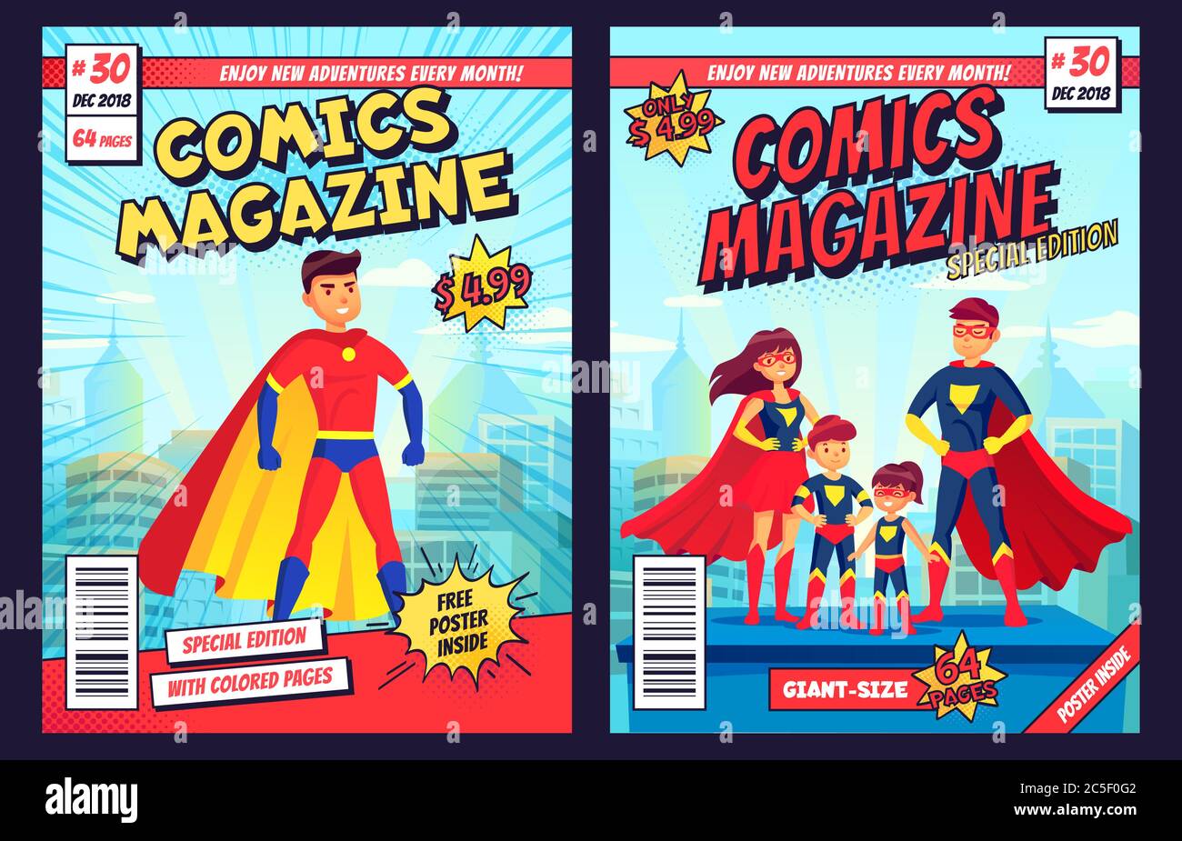 Copertina comica con personaggi super eroi e familiari. Modello di pagina anteriore modificabile per rivista retro Illustrazione Vettoriale