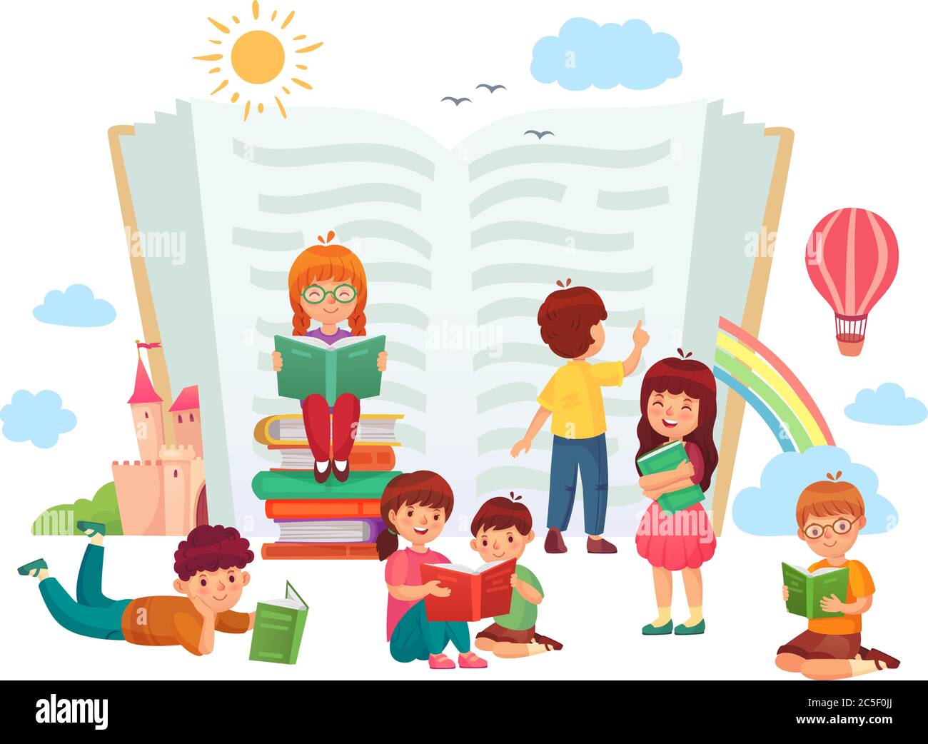 Libri per bambini. Bambini in gruppo che amano leggere, che amano la letteratura. Ragazzi e ragazze che imparano o studiano Illustrazione Vettoriale