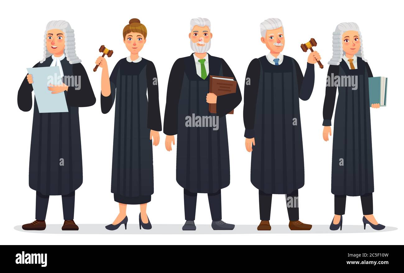 Squadra dei giudici. Giudice di legge in costume nero robe, gente di corte e lavoratori di giustizia vettore illustrazione cartoon Illustrazione Vettoriale