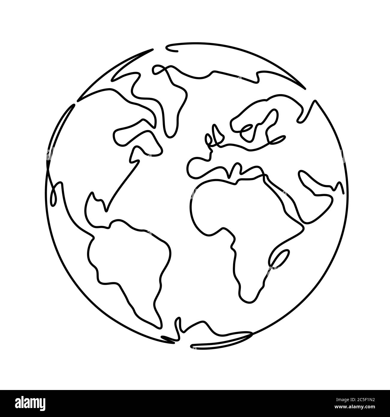 Messa a terra. One line globus, World Planet graphic icon, tecnologia globale america, europa e asia, semplice concetto vettoriale doodle forma continua Illustrazione Vettoriale