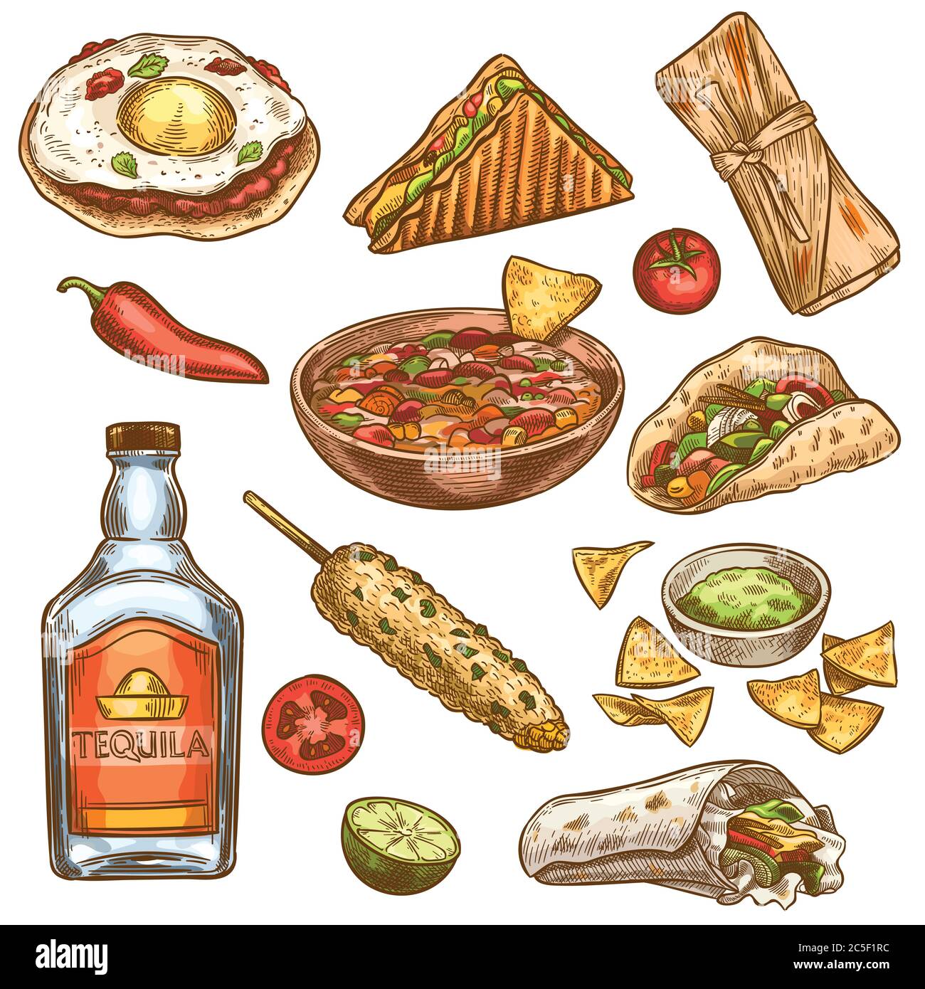 Cucina messicana tradizionale. Burritos nazionale messicano, tacos e nachos, enchilada e peperoncino, tequila colorato schizzo vettore insieme Illustrazione Vettoriale