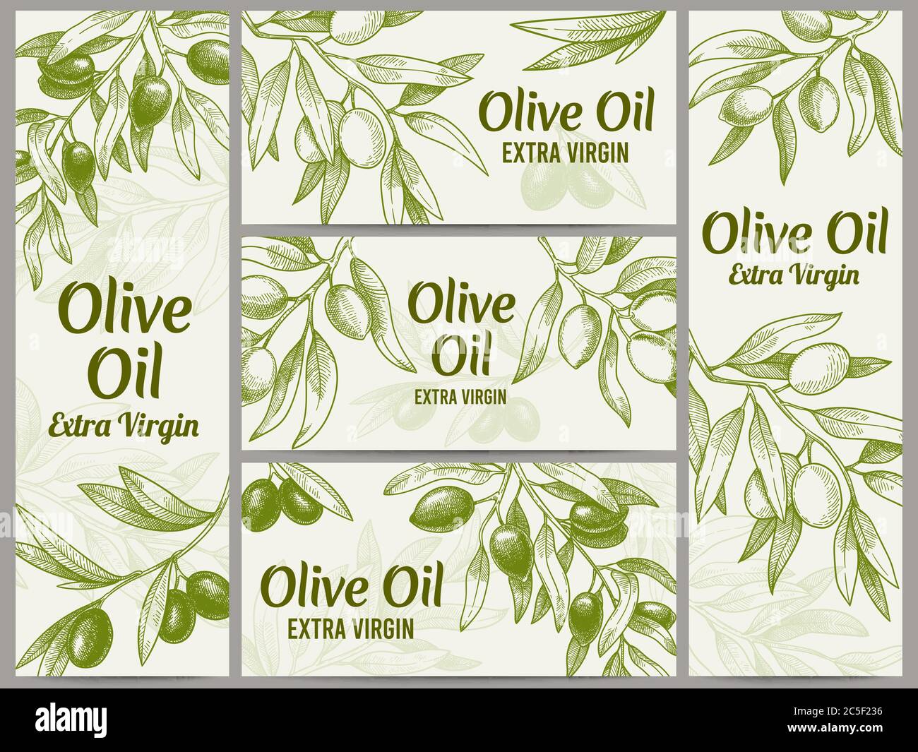 Banner olio d'oliva. Etichette di oli organici, rami di olive verdi e set di illustrazioni vettoriali per etichette vettoriali extra vergini Illustrazione Vettoriale