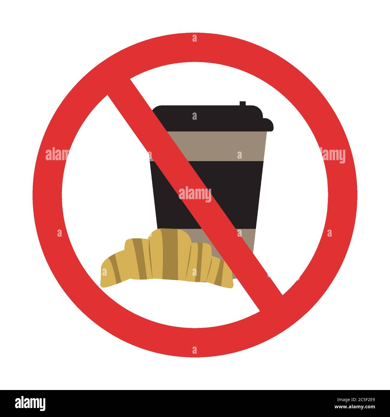 Cartello caffè vietato. Simbolo isolato di nessun cibo vietato. Tazza di caffè con adesivo incrociato croissant Illustrazione Vettoriale