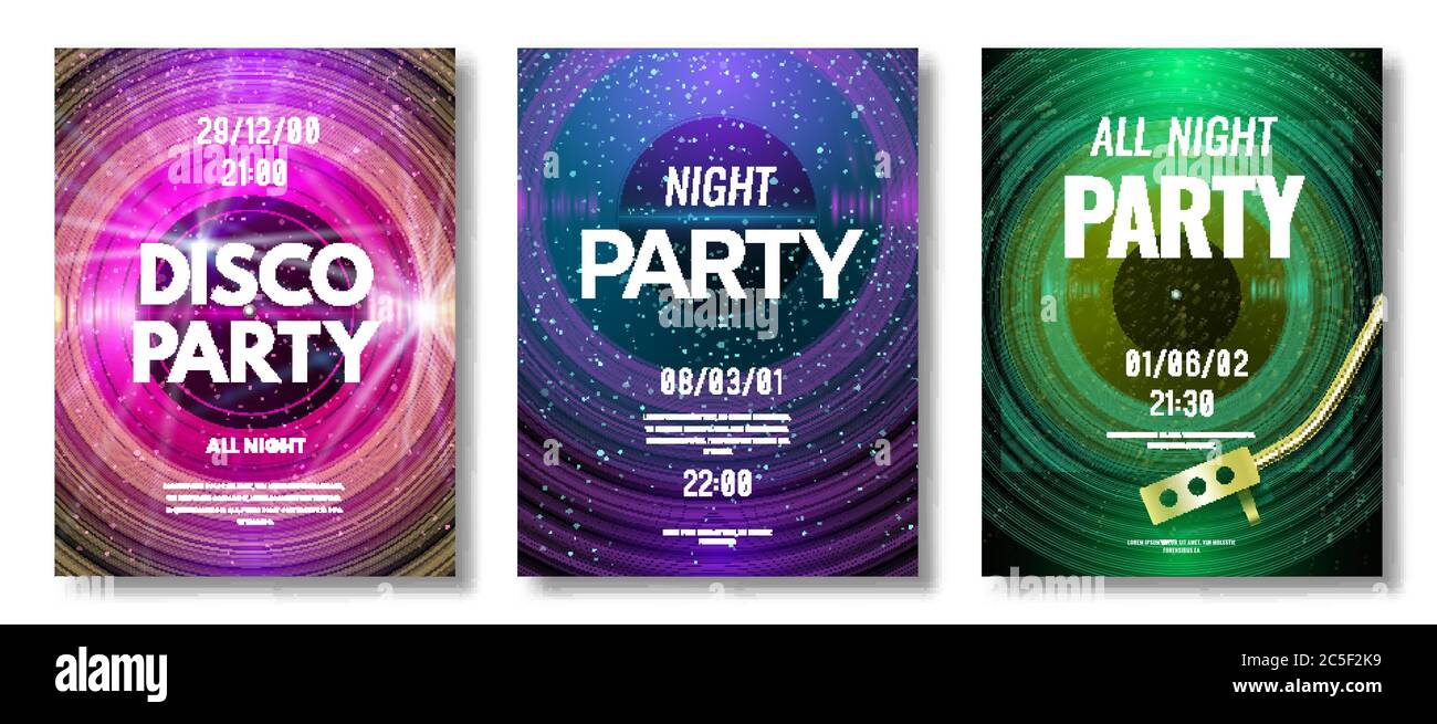 Poster in vinile. Vinile disco retro design flyer per festival di musica o dj night club discoteca partito, vecchia tecnologia arte immagine modello vettore Illustrazione Vettoriale