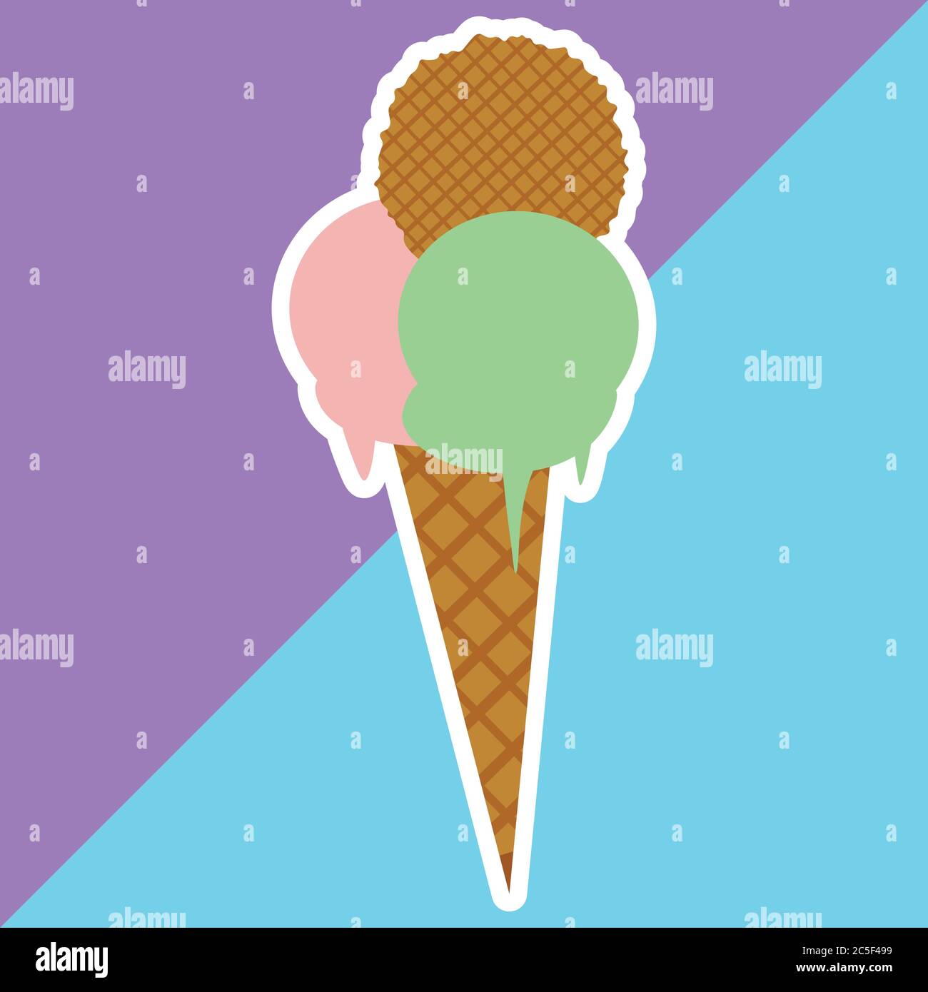 Cono gelato con due sapori di colore verde e rosa Gocciolamento e waffle Illustrazione Vettoriale