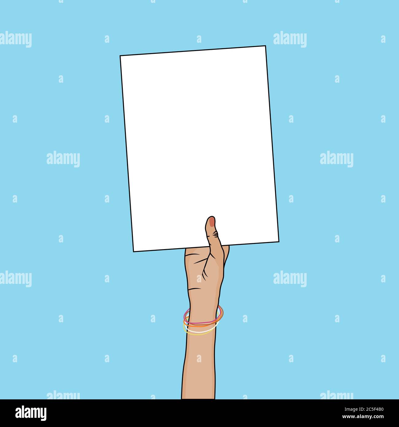 Mano umana che tiene un cartello di carta vuoto. Cornice vuota per la promozione pubblicitaria o per un'illustrazione vettoriale del messaggio. Illustrazione Vettoriale