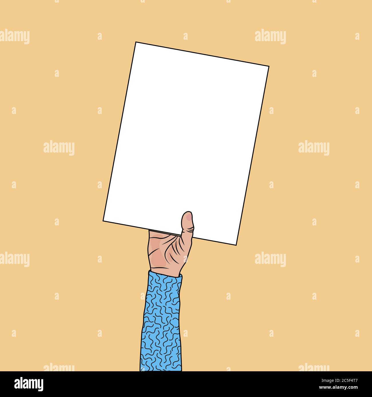 Mano umana che tiene un cartello di carta vuoto. Cornice vuota per la promozione pubblicitaria o per un'illustrazione vettoriale del messaggio. Illustrazione Vettoriale