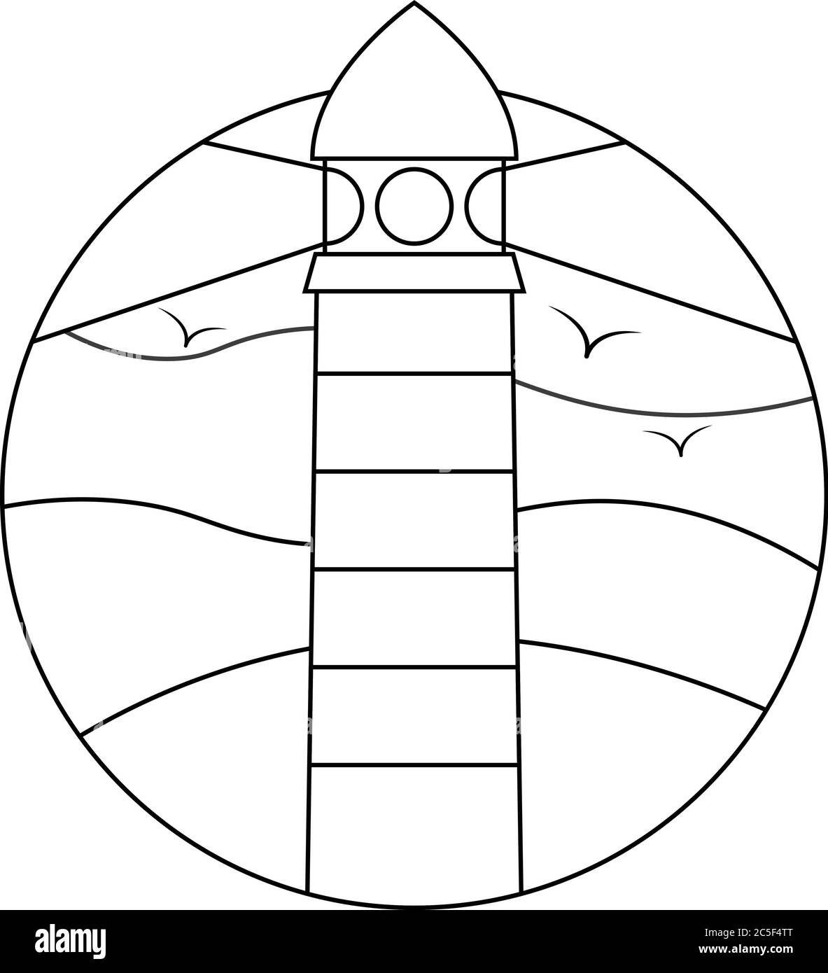 Linea bianca e nera icona del faro d'arte simbolo della luce di avvertimento della nave con illustrazione del disegno degli uccelli Illustrazione Vettoriale