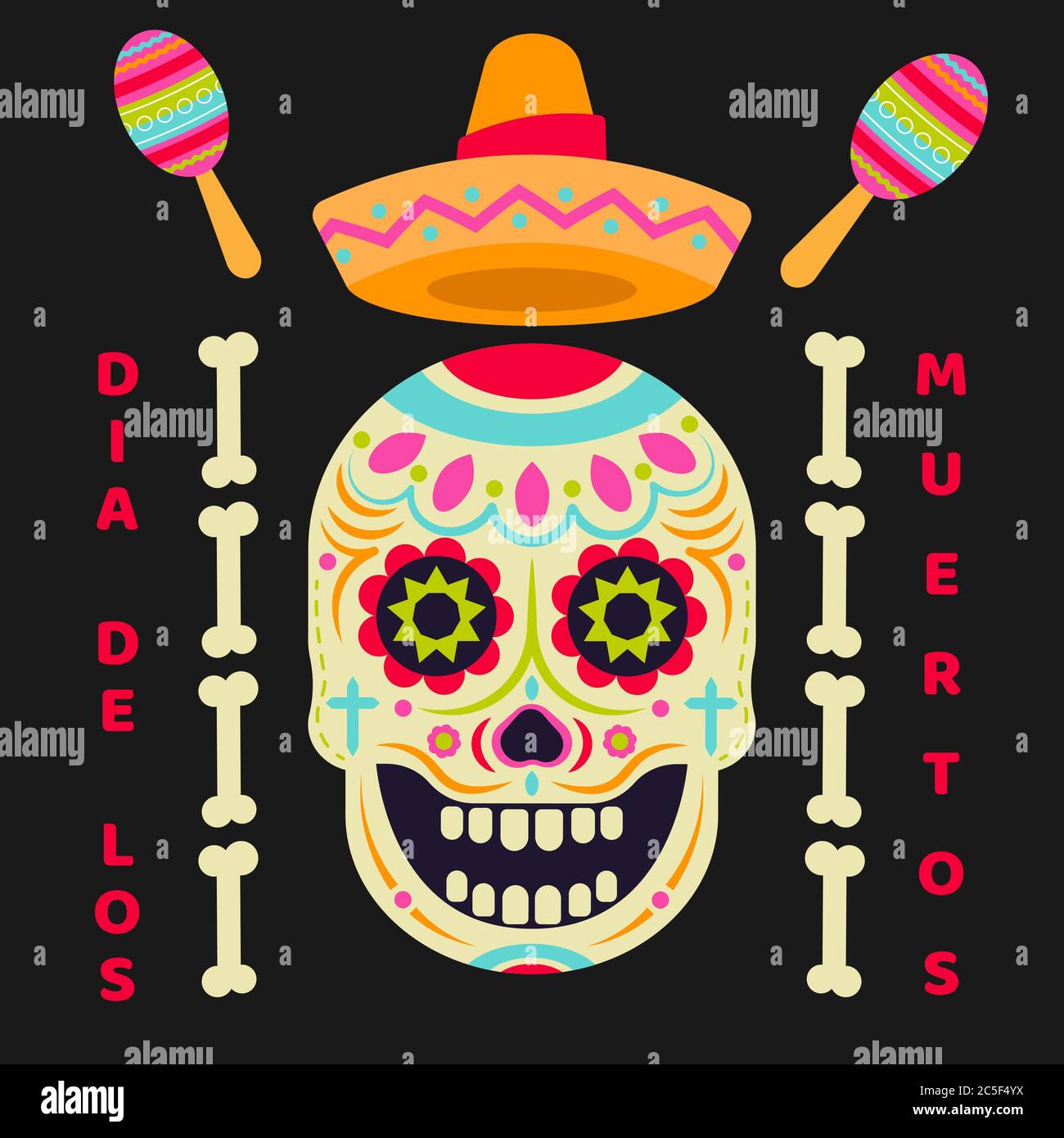 Icona vettore del cranio dello zucchero (Calavera). Giorno dei morti (dia de los moertos) Fiesta e poster delle vacanze. Colorato decorazione messicana festa volantino saluto Illustrazione Vettoriale