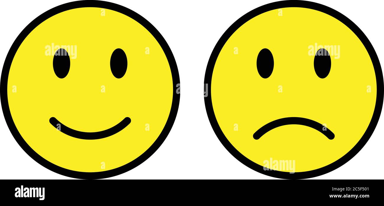 Set di due icone Emoticon giallo isolato su sfondo bianco Flat Design Happy and Unhappy Vector Illustration Illustrazione Vettoriale