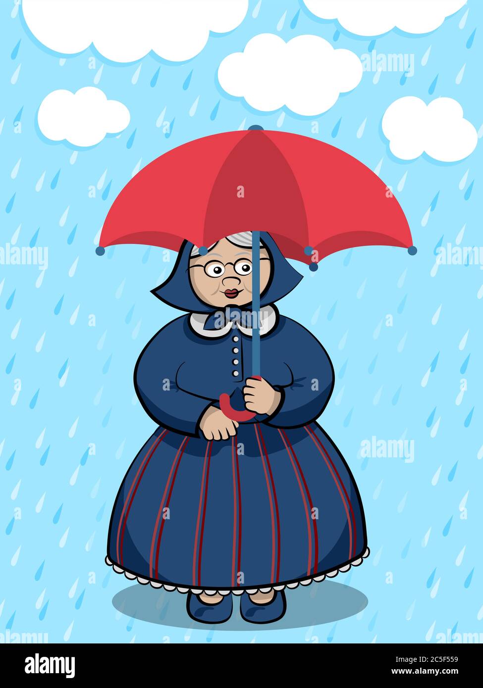 Personaggio Cartoon Funny Granny - Vecchia signora che rimane sotto la pioggia leggera con ombrello rosso Illustrazione Vettoriale
