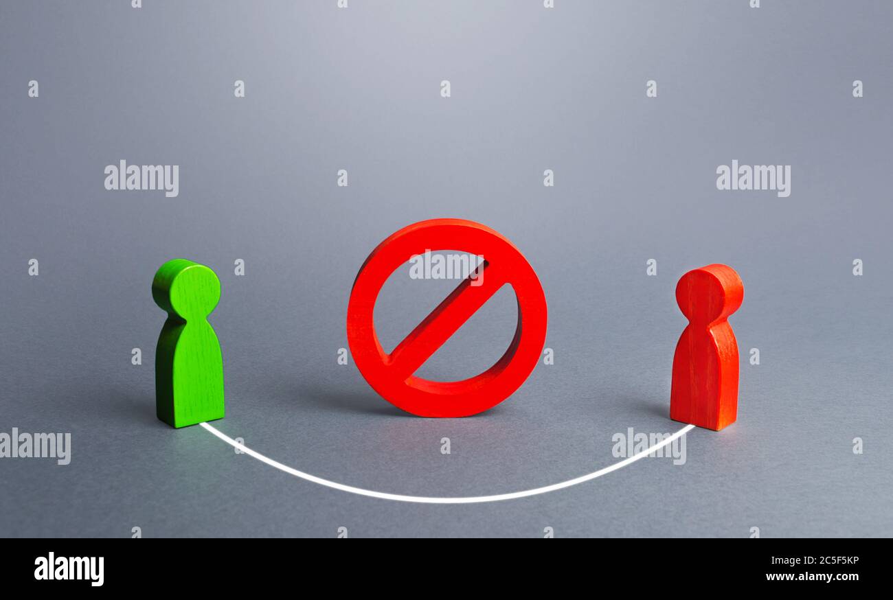 Due persone sono collegate bypassando rosso divieto segno NO collaborazione, facendo business attraverso metodi illegali, lacune di legge. Sanzioni Foto Stock