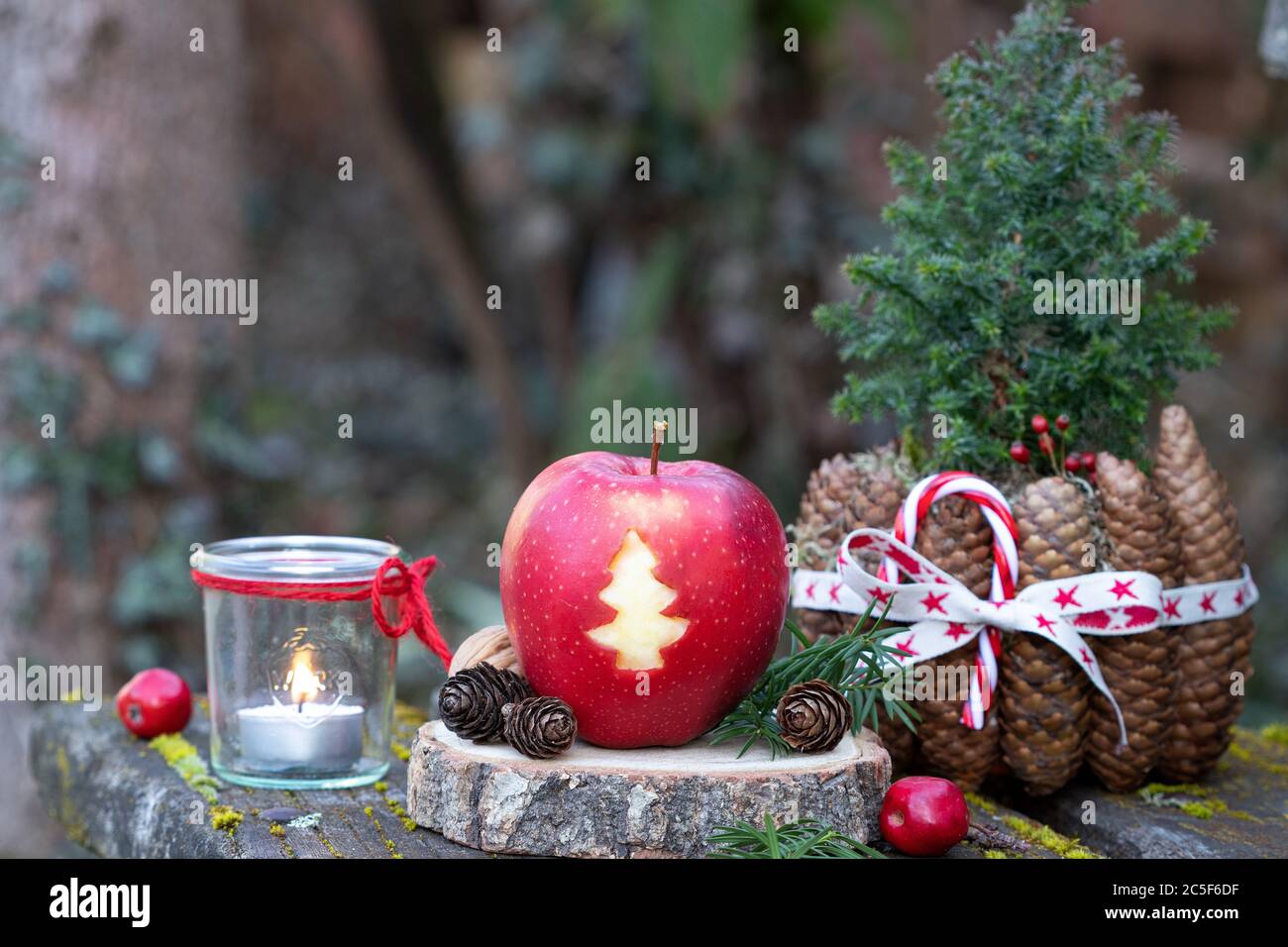 mela con ornamento dell'albero di natale e coni pentola come decorazione di natale Foto Stock