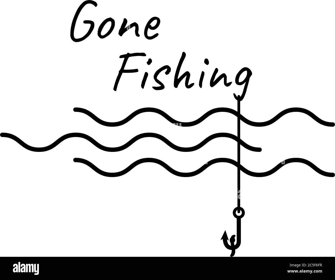 Gone Fishing Text Logo onde isolate e canna da pesca Vector Illustration Illustrazione Vettoriale