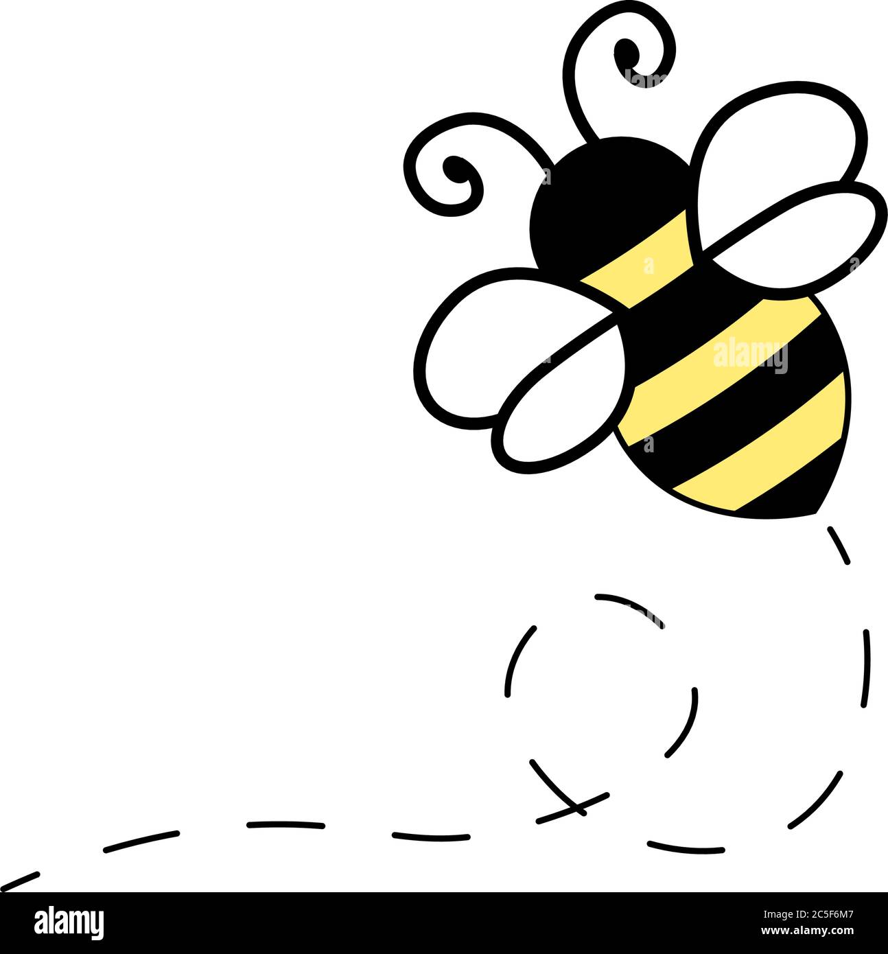 Flying Bee Illustrazione Bumblebee nero e giallo con Wings Bianco Cartoon icona vettore isolato Illustrazione Vettoriale