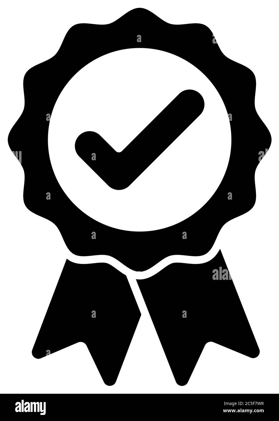Simbolo di riconoscimento dell'icona del badge approvato con nastro nero, illustrazione vettoriale, simbolo della medaglia Illustrazione Vettoriale