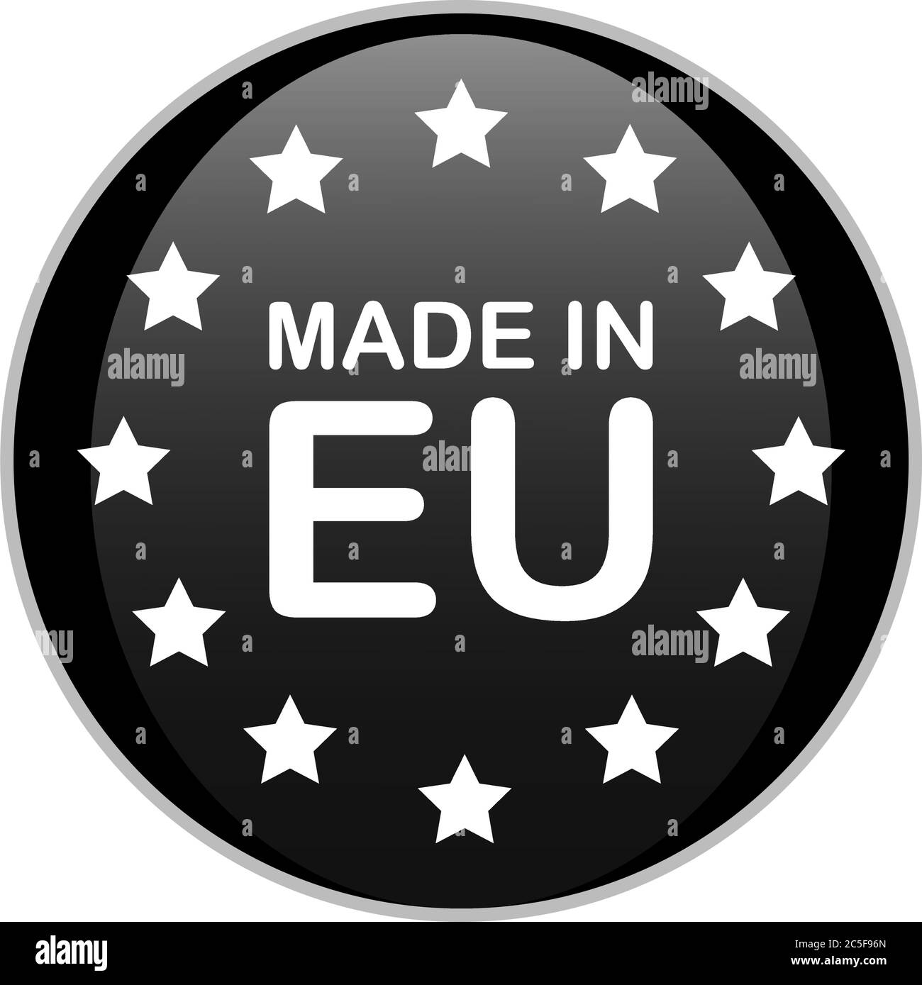 REALIZZATO IN badge rotondo nero EU con testo bianco e stelle. Immagine vettoriale del segno del prodotto europeo isolata su sfondo bianco. Illustrazione Vettoriale