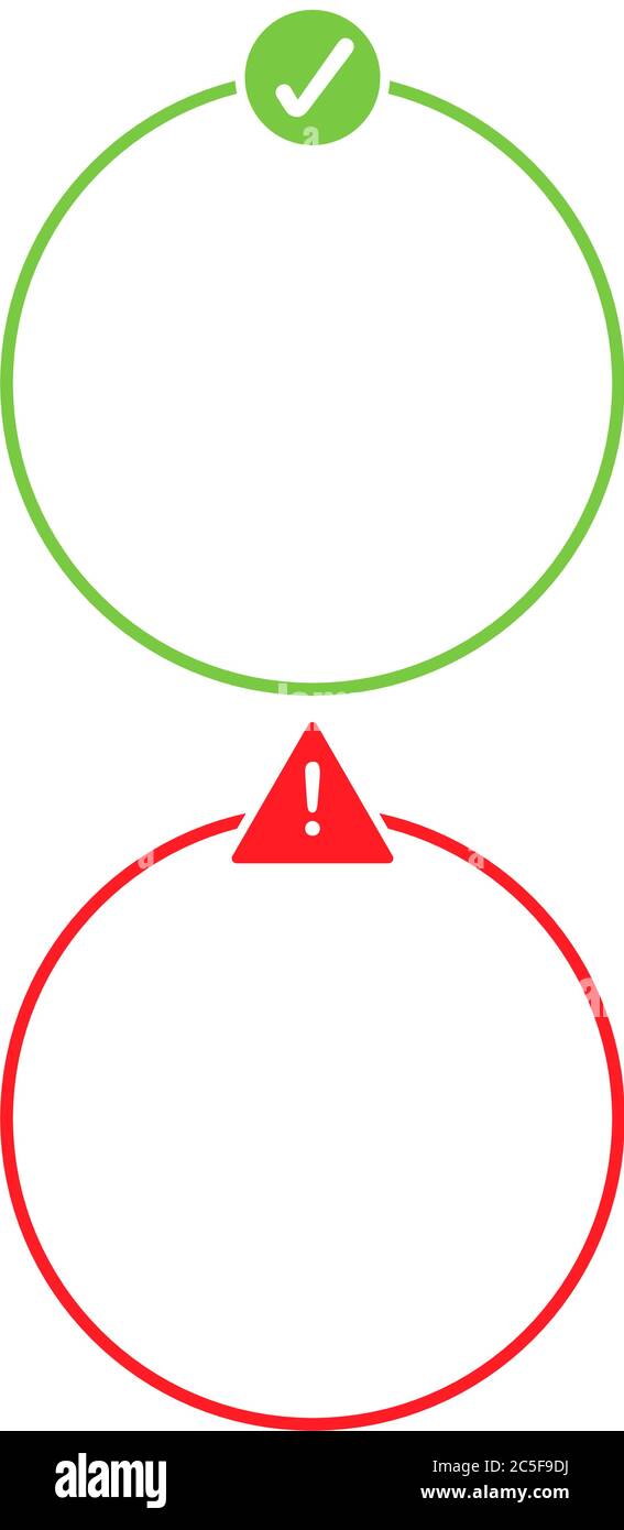 Insieme di icone di notifica e di approvazione. Cornice rotonda rossa e verde con attenzione e segno di spunta immagine vettoriale isolata. Illustrazione Vettoriale