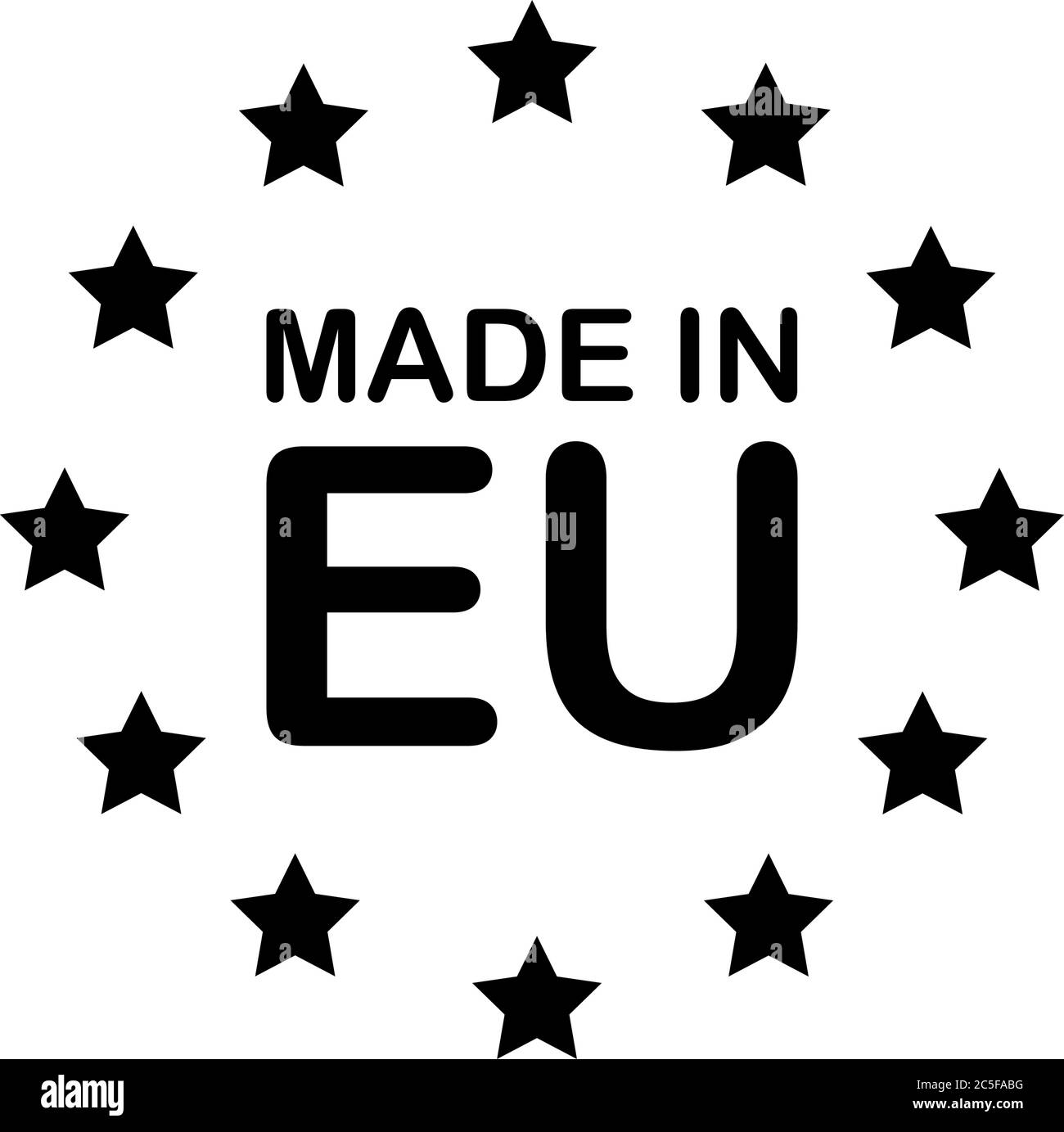 REALIZZATO IN testo nero e stelle UE. Immagine vettoriale del segno del prodotto europeo isolata su sfondo bianco Illustrazione Vettoriale