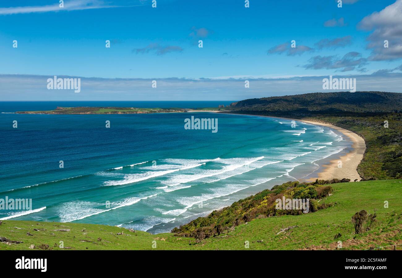 Lookout, Firenze Hill Lookout, spiaggia Tautuku Bay, il Catlins, Regione del Southland, Southland, Nuova Zelanda Foto Stock