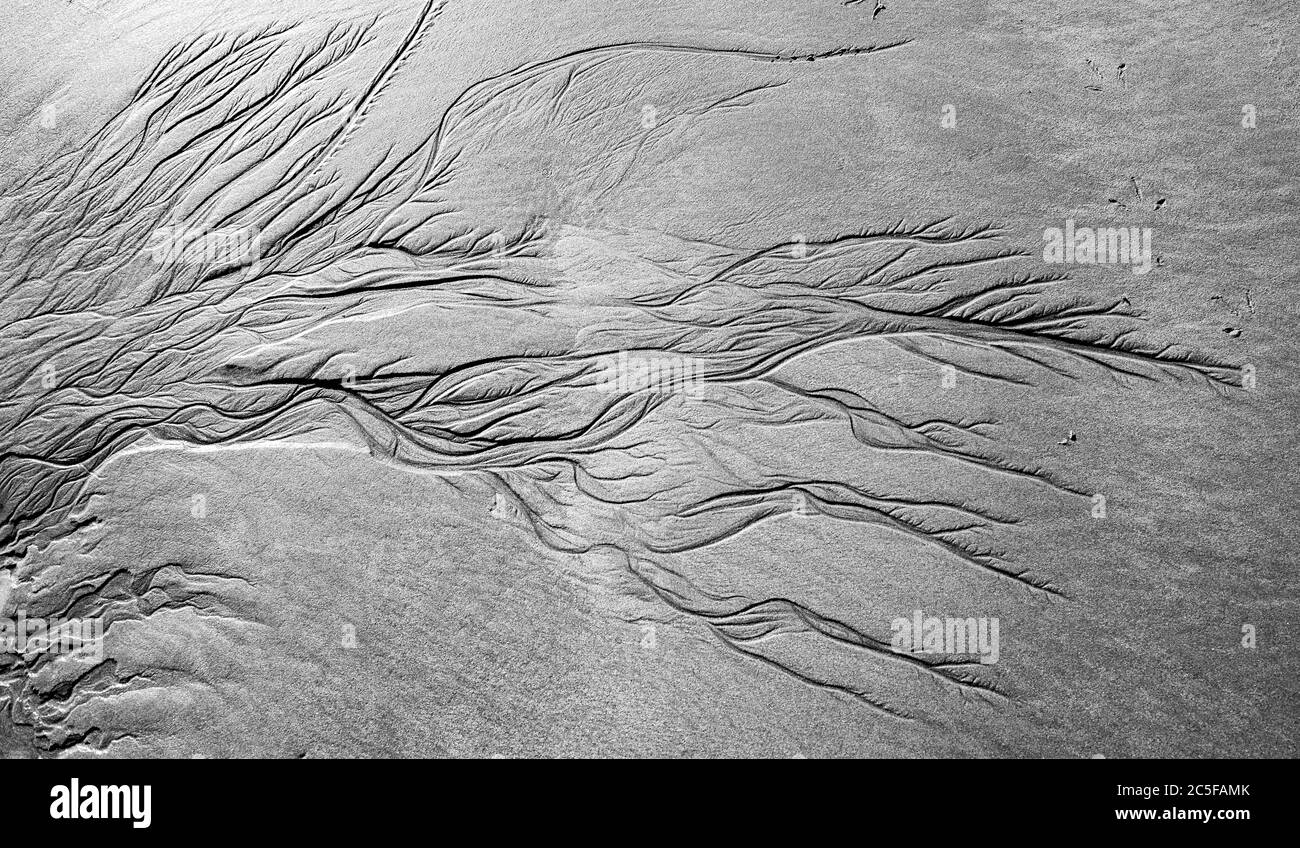 Meandering modello di run-off acqua in sabbia, spiaggia, Porpoise Bay, Catlins, Southland, South Island, Nuova Zelanda Foto Stock