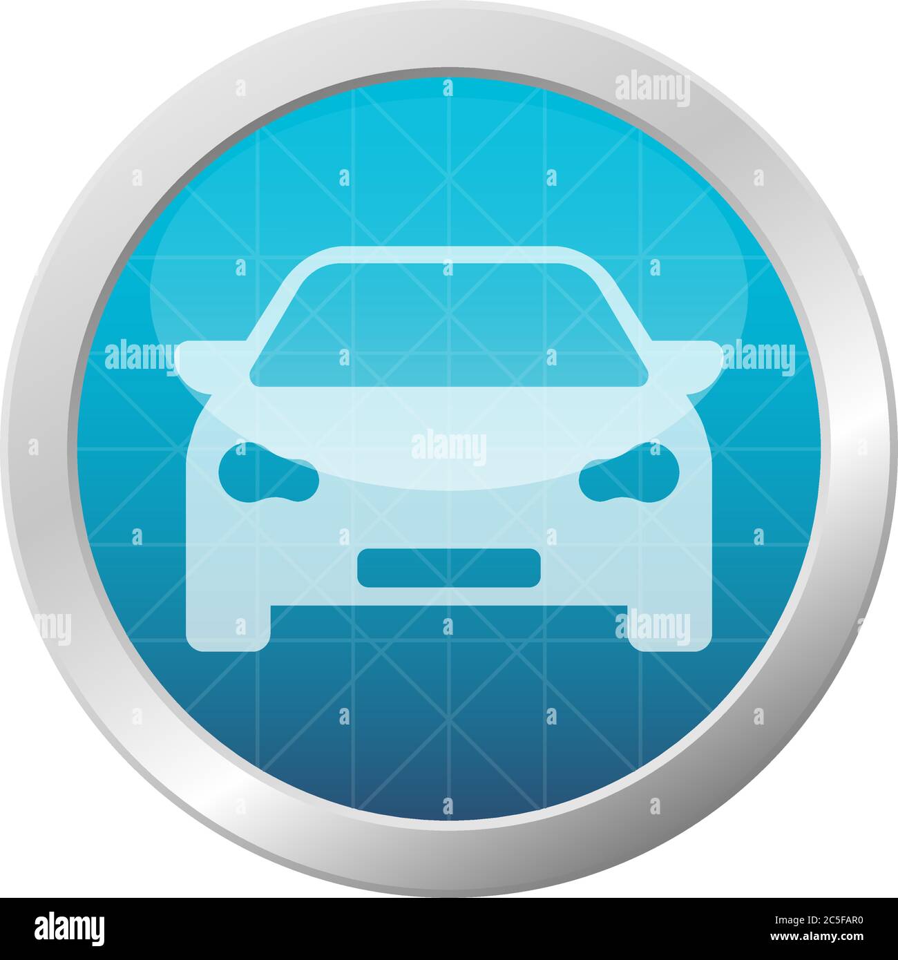 Icona della vista frontale dell'auto immagine vettoriale simbolo di trasporto sul pulsante azzurro del telaio circolare lucido Illustrazione Vettoriale