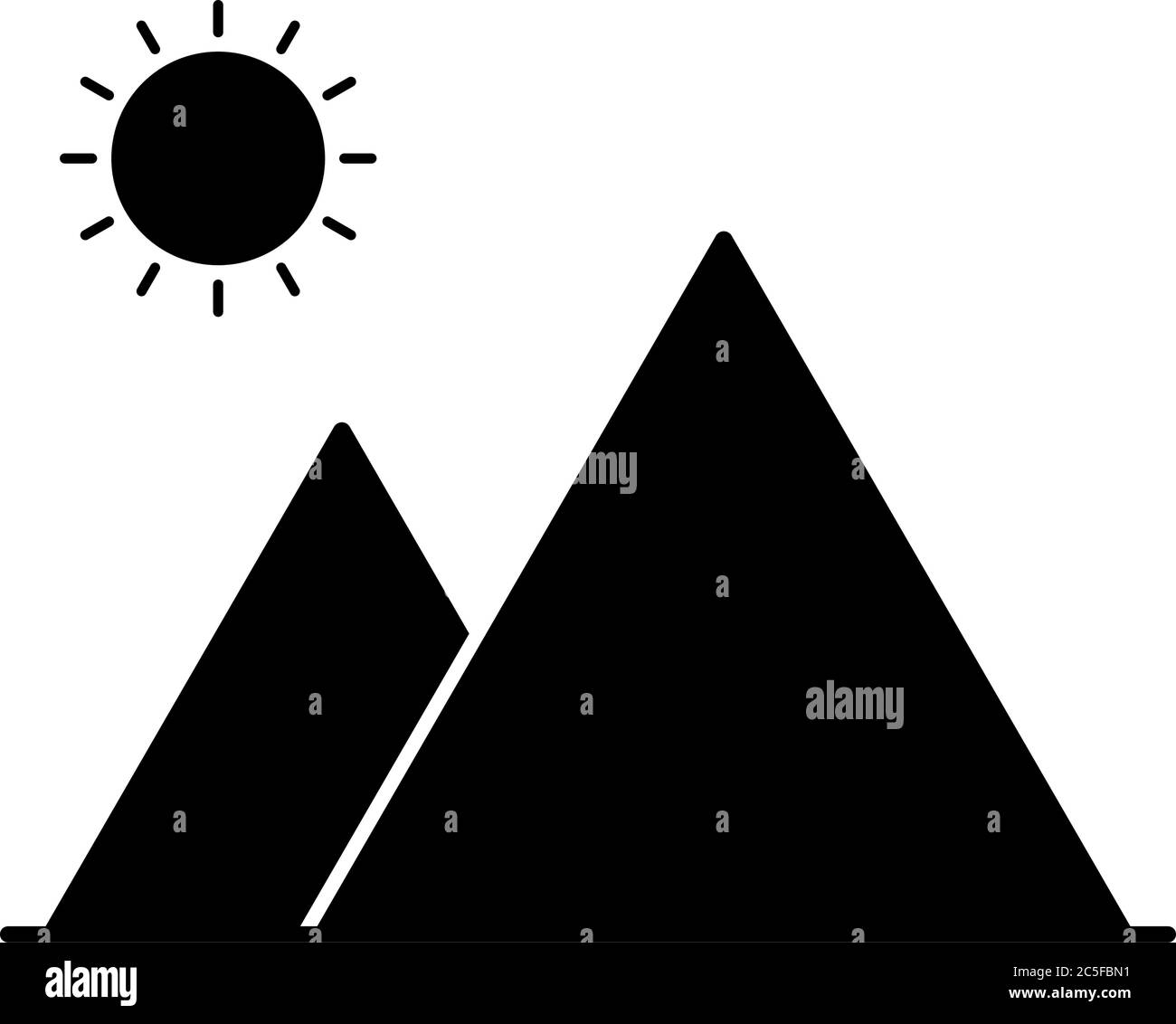 Montagne e sole icona nera piramidi isolato simbolo su bianco sfondo Illustrazione Vettoriale