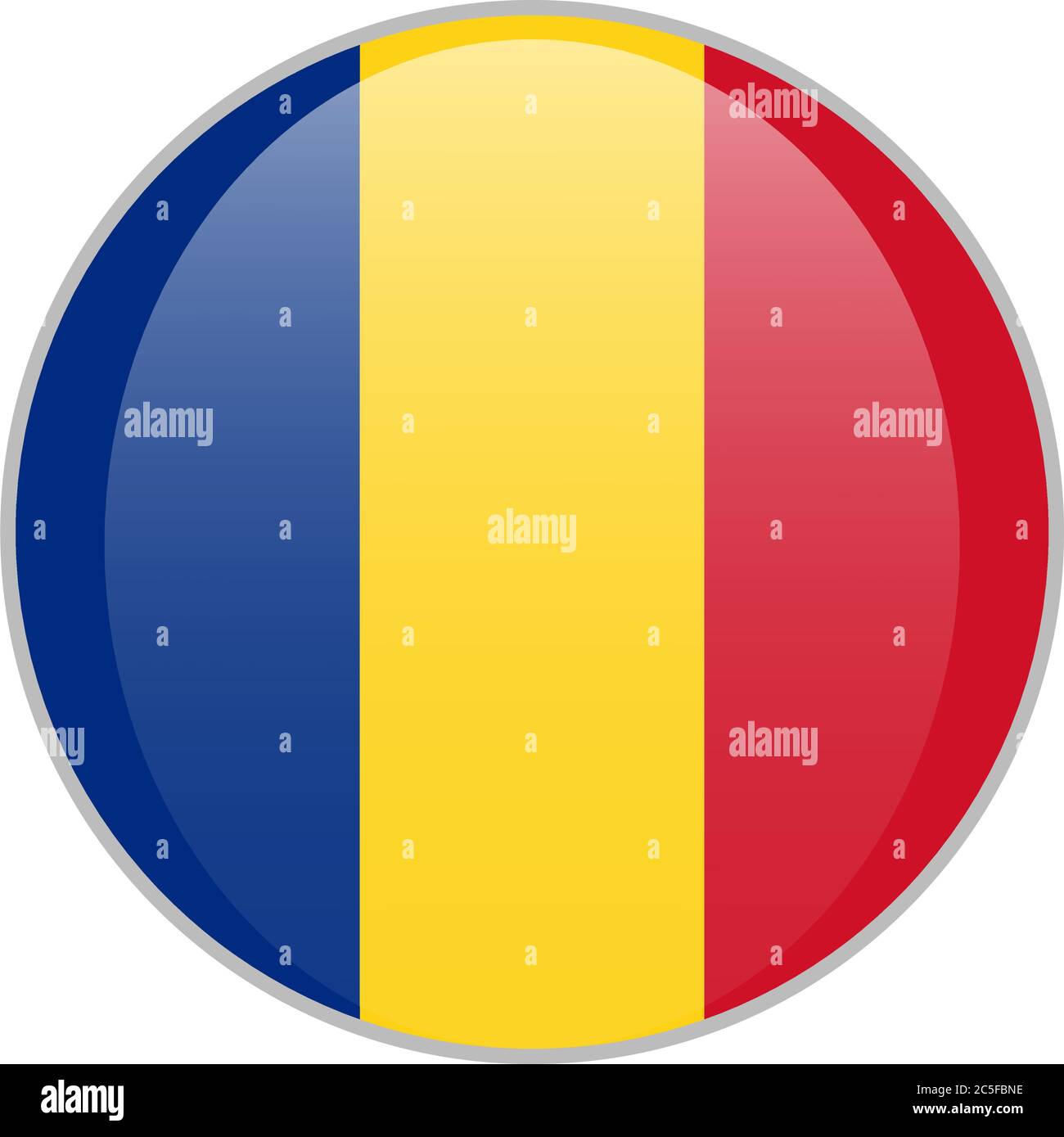 Romania bandiera nazionale rotonda icona lucida. Badge rumeno isolato su sfondo bianco. Illustrazione Vettoriale