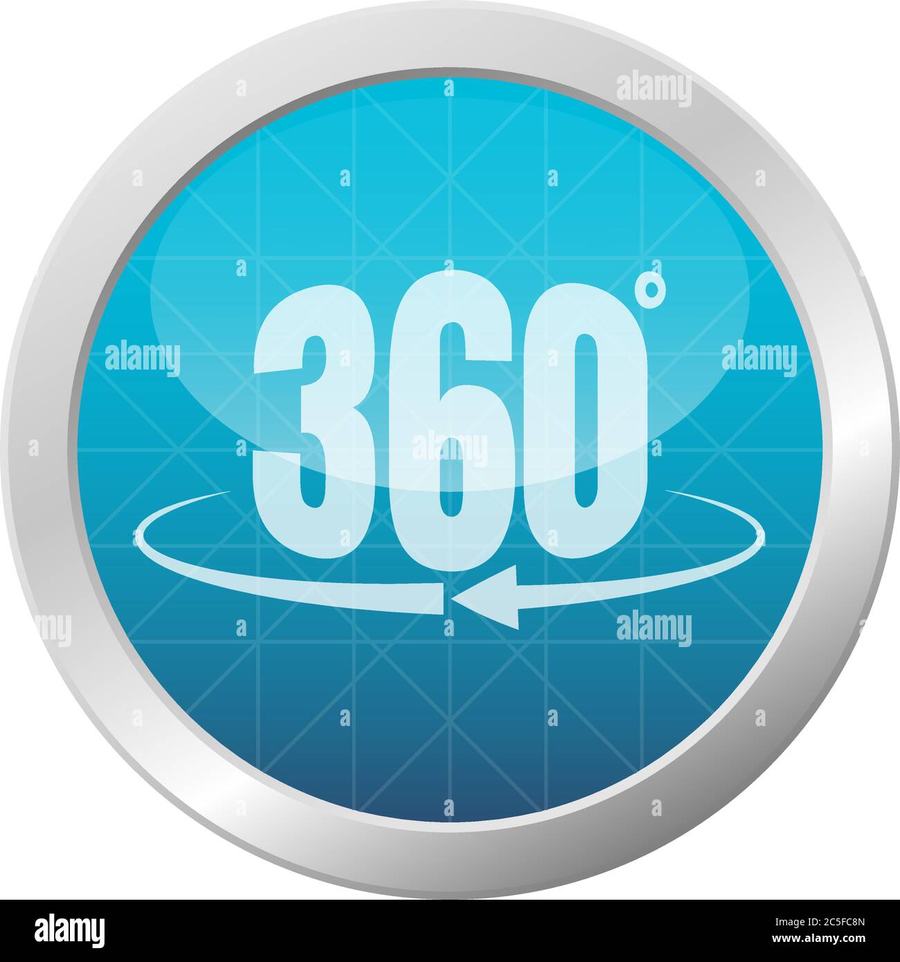 Icona di visualizzazione VR a 360 gradi per app o pulsante rotondo del web immagine lucida blu chiaro Illustrazione Vettoriale