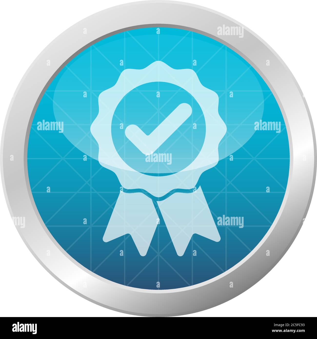 Icona del badge approvata con nastro bianco illustrazione simbolo blu chiaro cerchio lucido simbolo medaglia premio vettore Illustrazione Vettoriale