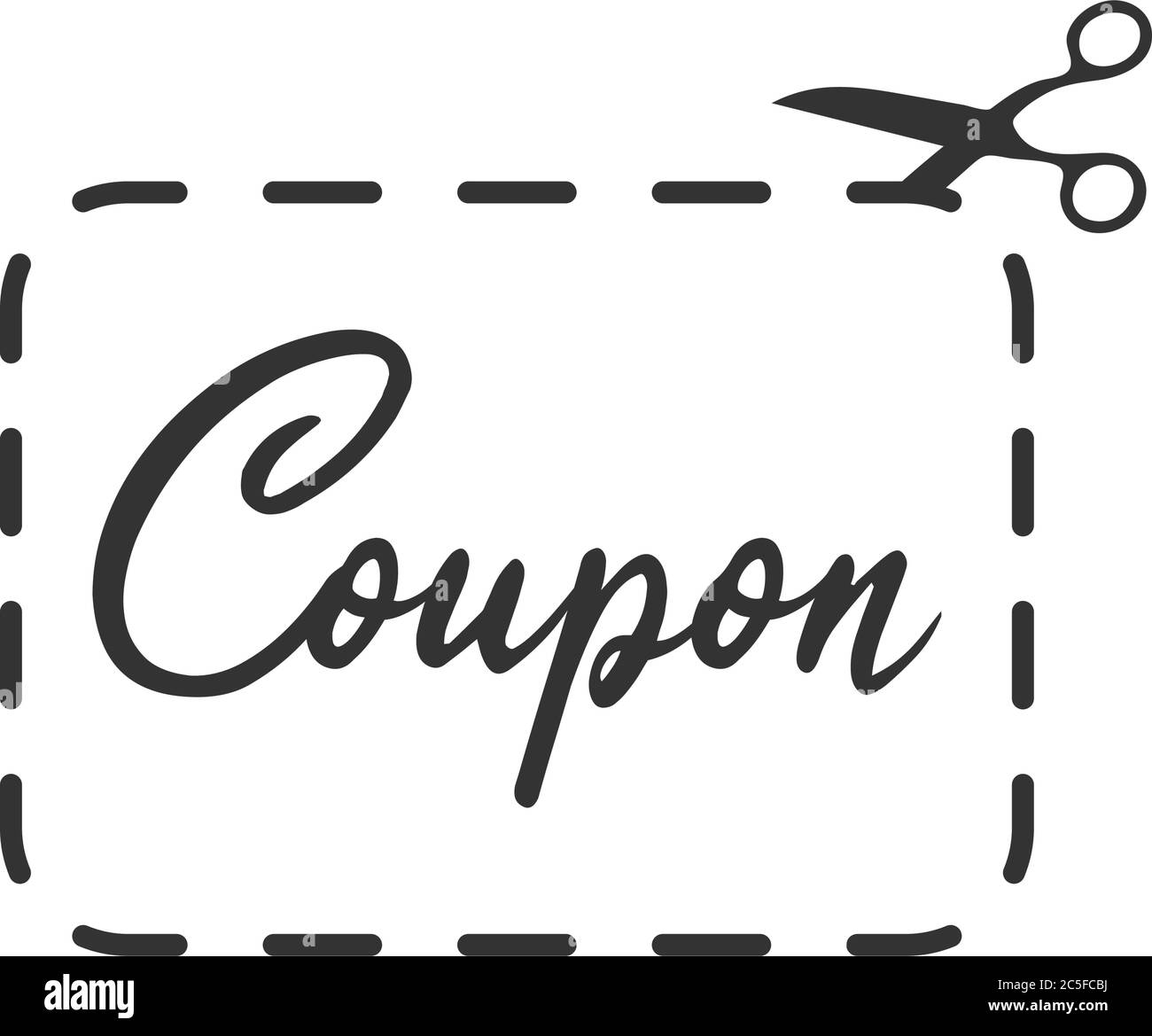 Testo coupon cornice a linee tratteggiate con icona di taglio a forbice simbolo di promozione bianco e nero illustrazione vettoriale Illustrazione Vettoriale