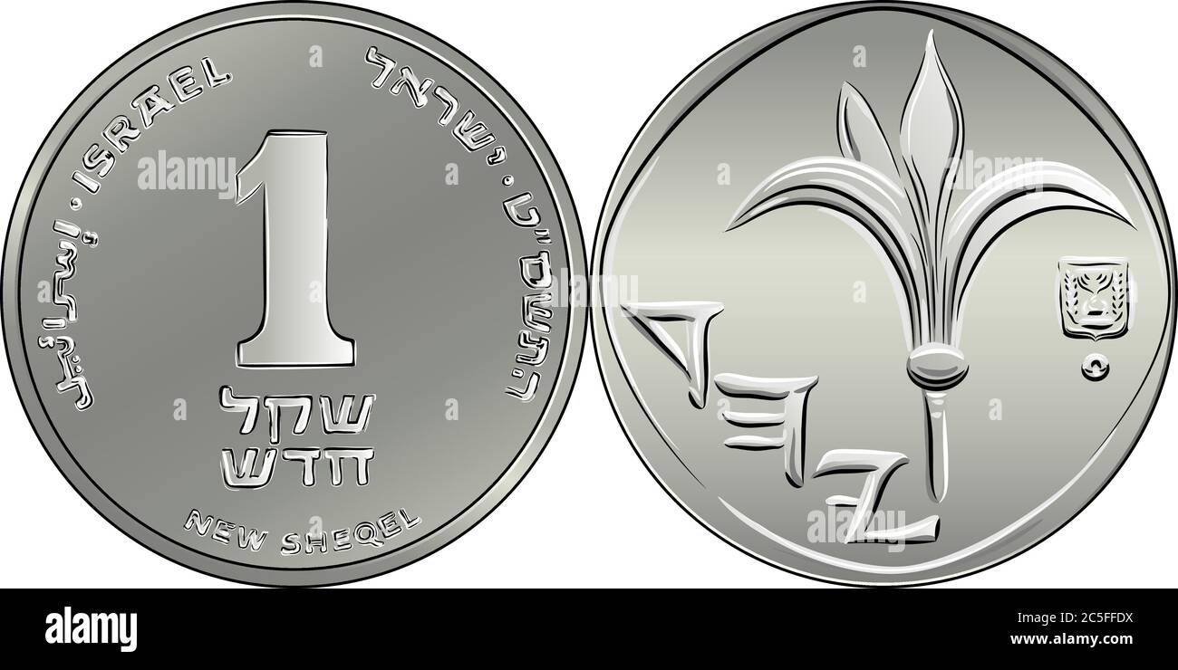 Vettore Israeliano argento moneta uno shekel. Nominale su reverse, giglio e Israele stemma su Obverse Illustrazione Vettoriale