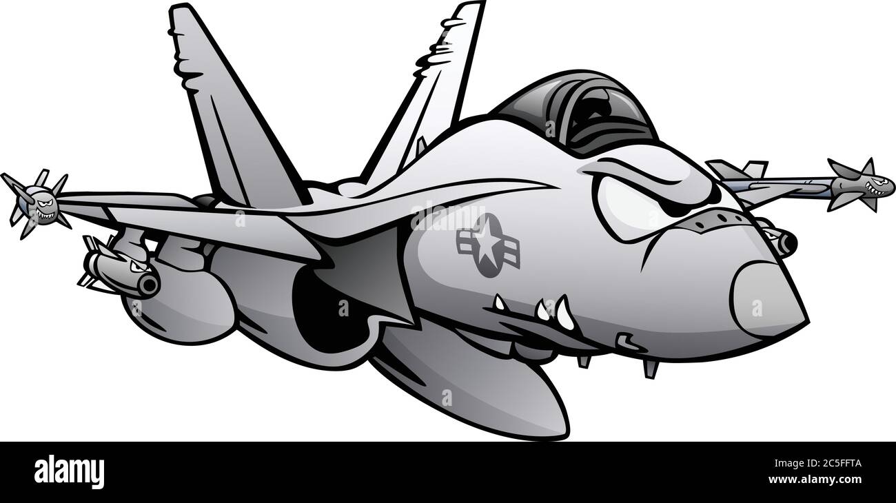 Attacco militare del caccia Jet Airplane Cartoon isolato Vector Illustrazione Illustrazione Vettoriale