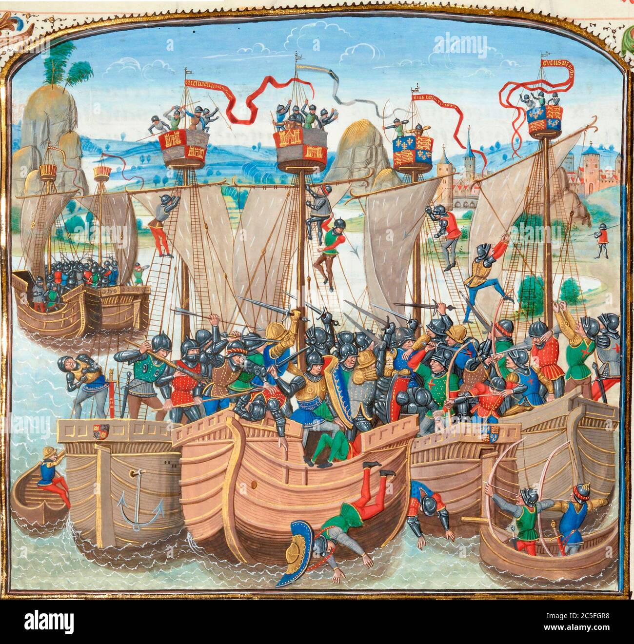 La battaglia navale di la Rochelle, Parte della fase carolina della guerra dei cent'anni la battaglia di la Rochelle fu una battaglia navale combattuta il 22 e 23 giugno 1372[6] tra una flotta castigliana comandata dall'Almirante castigliano Ambrosio Boccanegra e un convoglio inglese comandato da John Hastings, II conte di Pembroke. Foto Stock