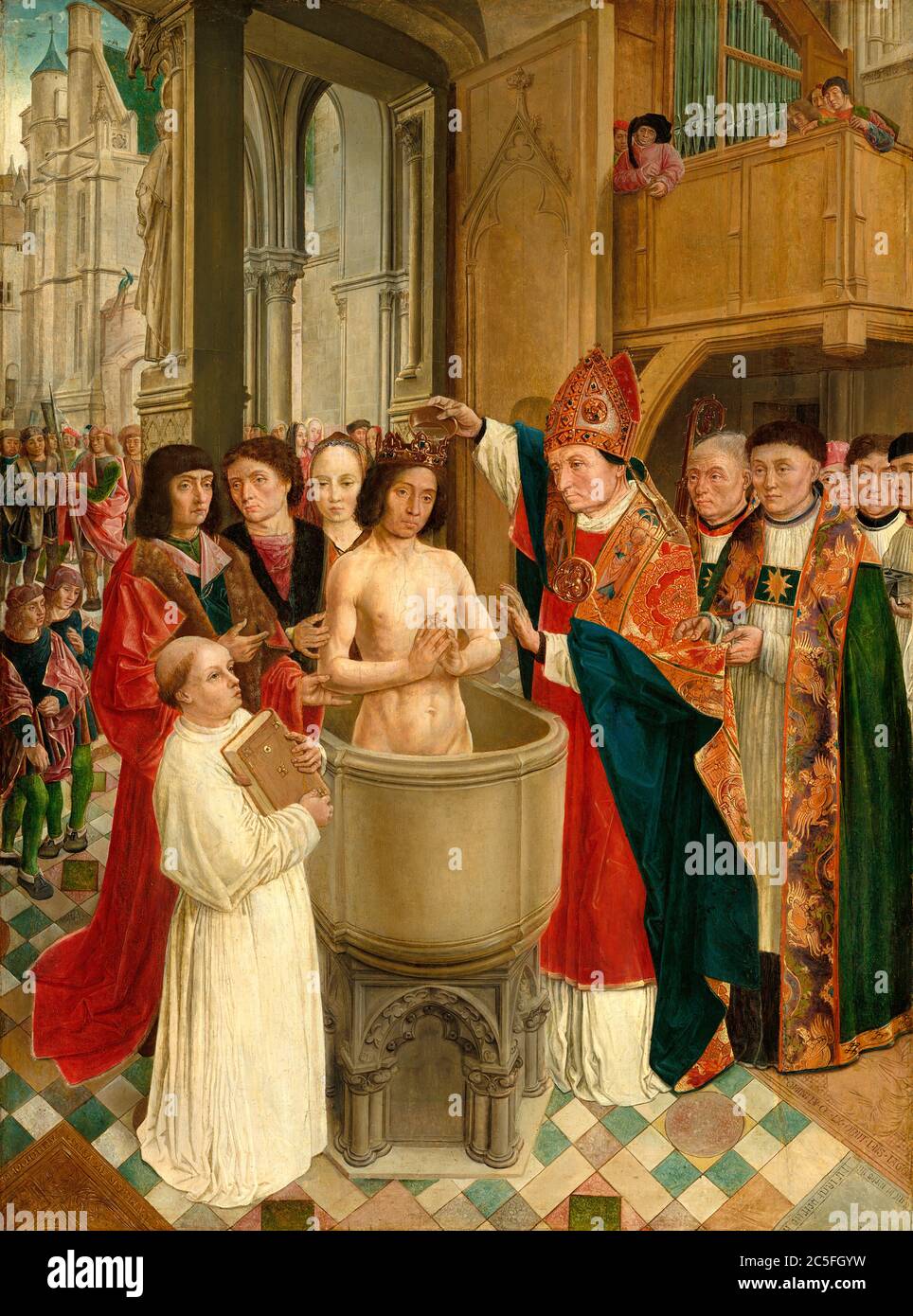 Saint Remigio, Remi, Rémi o Rémy (c. 437 – 533), Vescovo di Reims e Apostolo dei Franchi. Il 25 dicembre 496 battezzò Clovis i, re dei Franchi. Questo battesimo, che ha portato alla conversione dell'intero popolo franco al cristianesimo, è stato un successo epocale per la Chiesa e un evento fondamentale nella storia europea. San Remigio battezza Clovis i, dal Maestro di San Gilles, Foto Stock