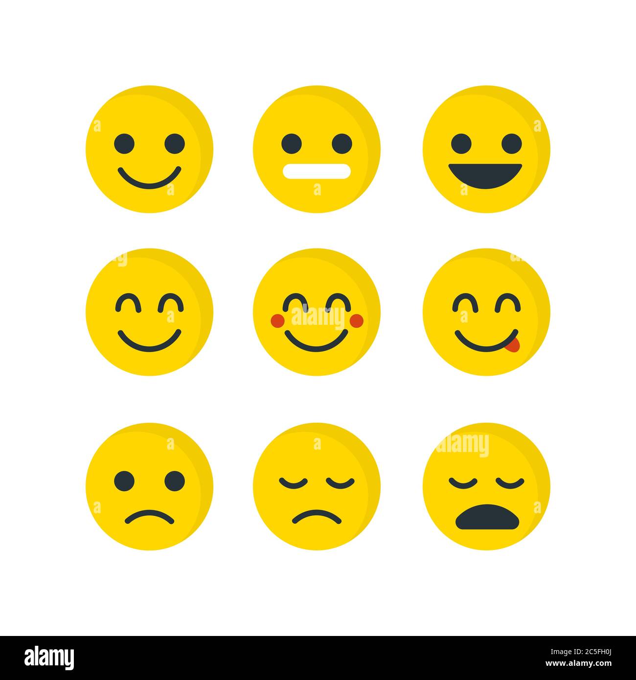 Set viso giallo Emoji. Concetto per la carta o banner sorridente del World Smile Day. Icone emoticon illustrazione vettoriale. Illustrazione Vettoriale