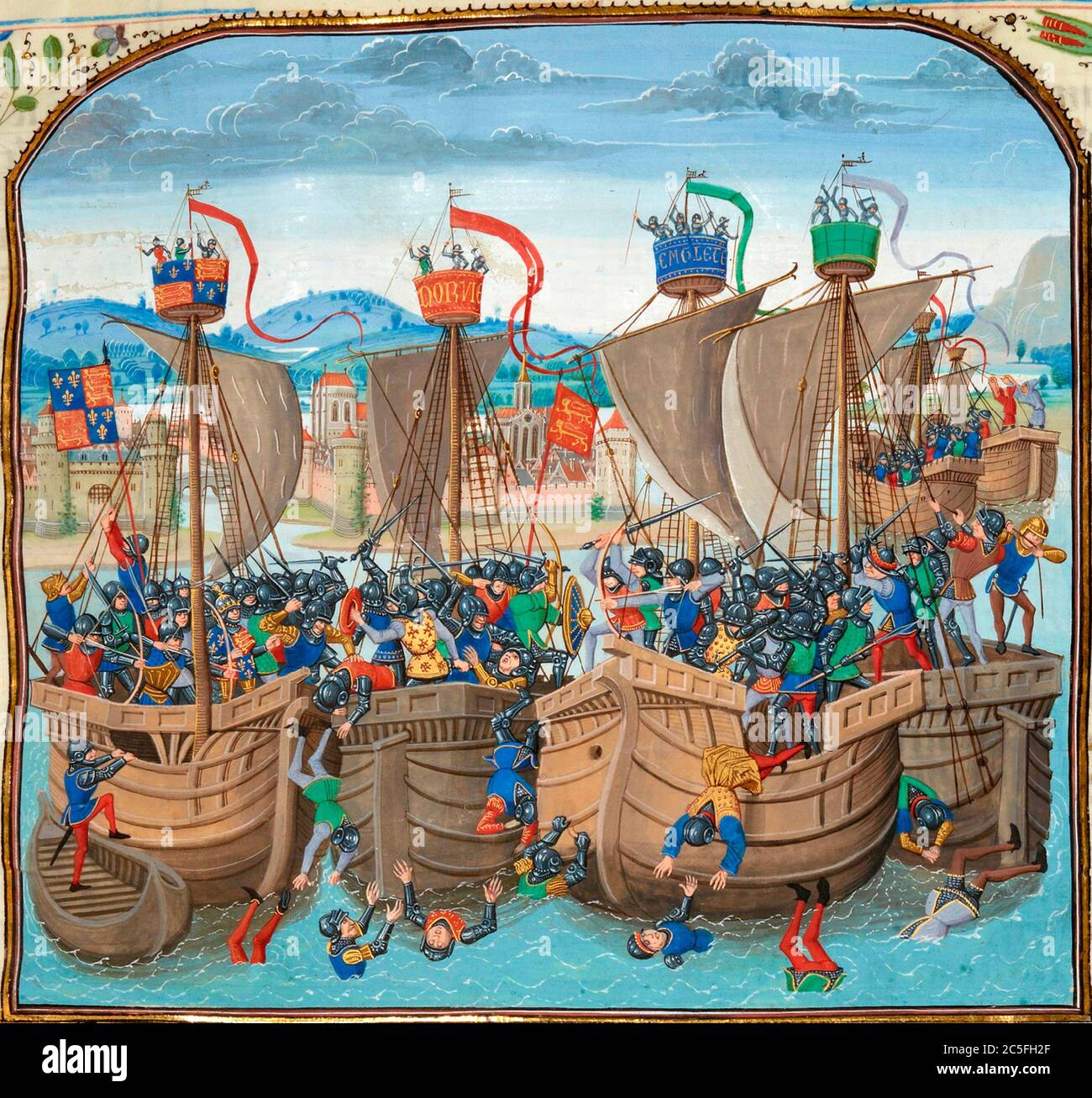 La battaglia di Sluys, chiamata anche Battaglia di l'Écluse, battaglia navale combattuta il 24 giugno 1340 tra Inghilterra e Francia. Una colorata rappresentazione medievale di una battaglia navale UNA miniatura della battaglia delle Cronache di Jean Froissart, parte del XV secolo della Guerra dei cent'anni Foto Stock