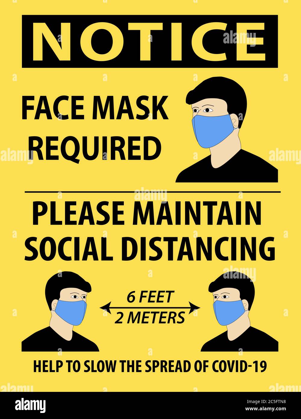 Illustrazione vettoriale della notifica, maschera facciale richiesta, mantenere la distanza sociale, con una persona indossare una maschera. Illustrazione Vettoriale