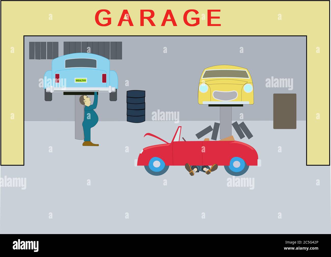 Illustrazione digitale di un garage con due auto sugli ascensori e un'auto con un meccanico sotto di esso. Foto Stock