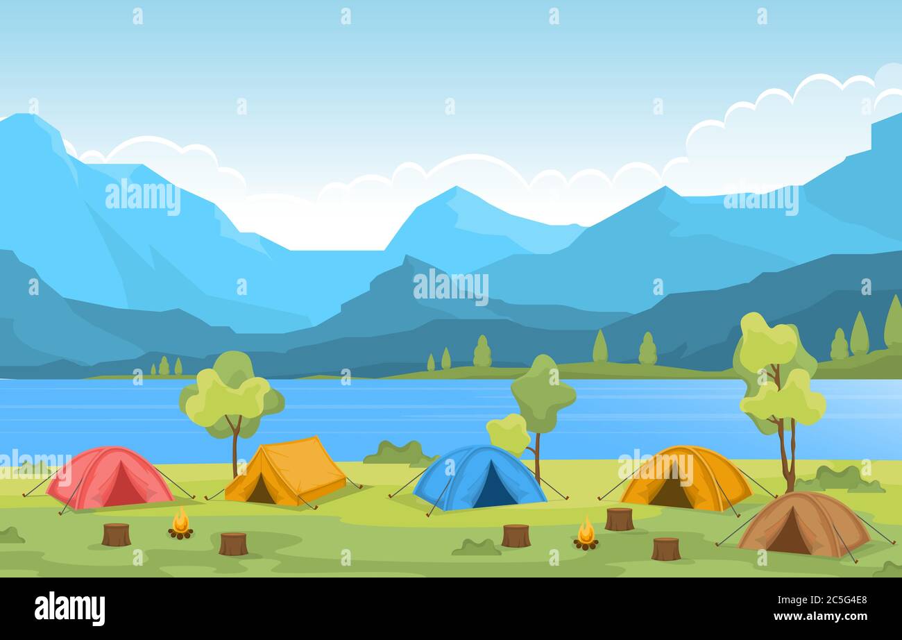 Camping Adventure Parco all'aperto Lago natura Paesaggio Cartoon Illustrazione Illustrazione Vettoriale