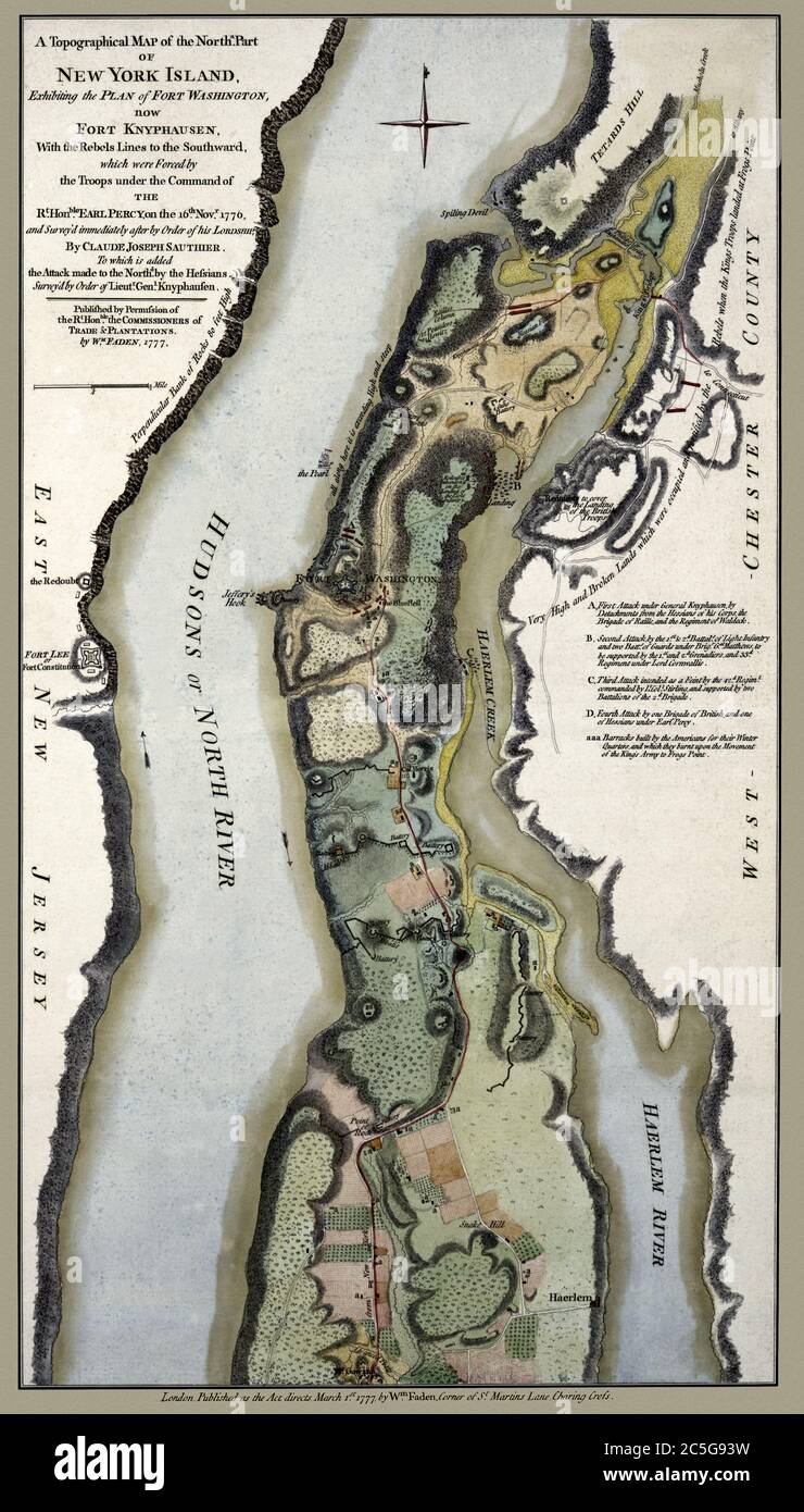 'Una mappa topografica della parte settentrionale dell'isola di New York, che espone il progetto di Fort Washington....' La mappa mostra importanti monumenti storici e siti della Guerra d'indipendenza. Si tratta di una riproduzione di mappe storiche splendidamente dettagliata. Originale dal famoso cartografo britannico William Faden. È stato creato per riflettere le condizioni intorno al 1777. Foto Stock