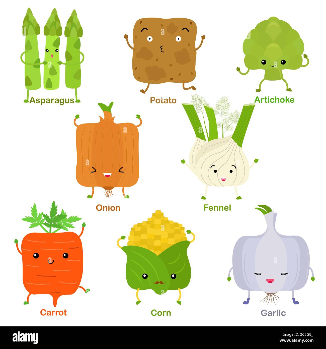 Carino vettore di frutta sorridente quadrata, verdura con volto felice - Asparagi patate cipolla carciofo Carota mais aglio finocchio. Set colorato di fo Illustrazione Vettoriale